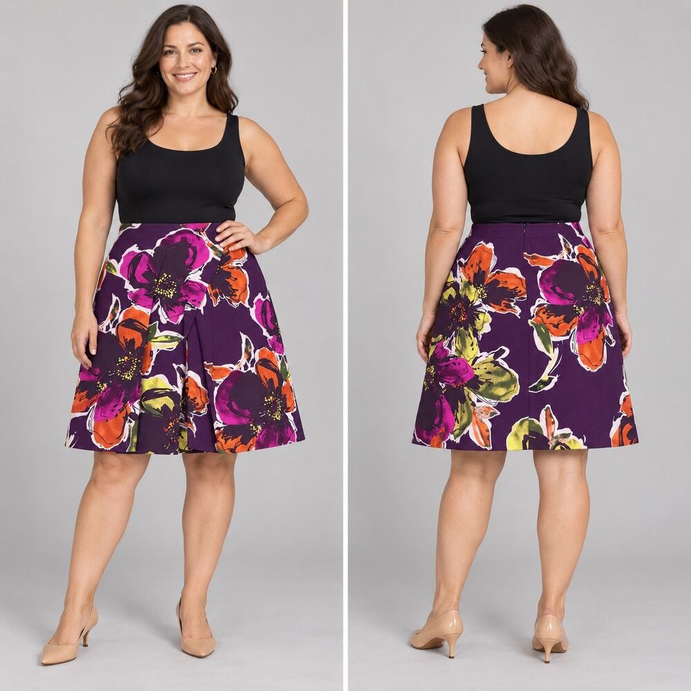 Trina Turk Floral Pleated A-Line Skirt Purple Pink Size 12 Made In California